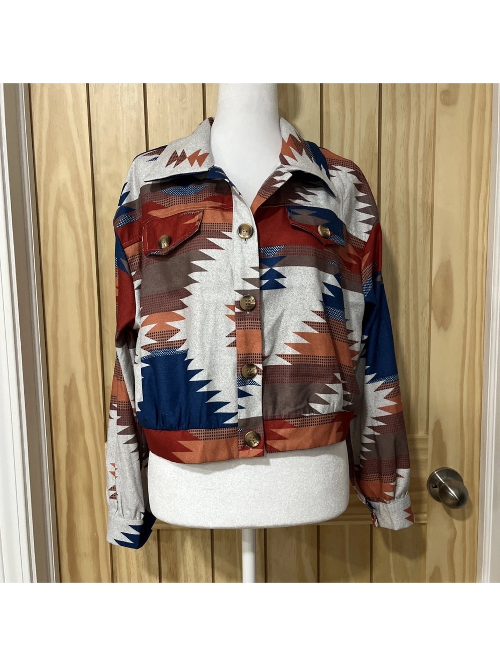 SHEIN Aztec Cropped Jacket Top in Rust, Blue & Cream